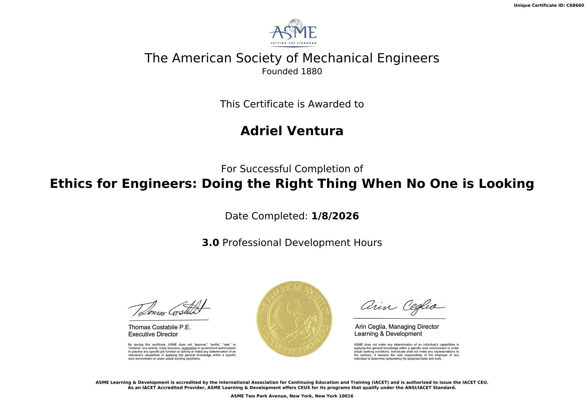 ASME Ethics for Engineers certificate for Adriel Ventura