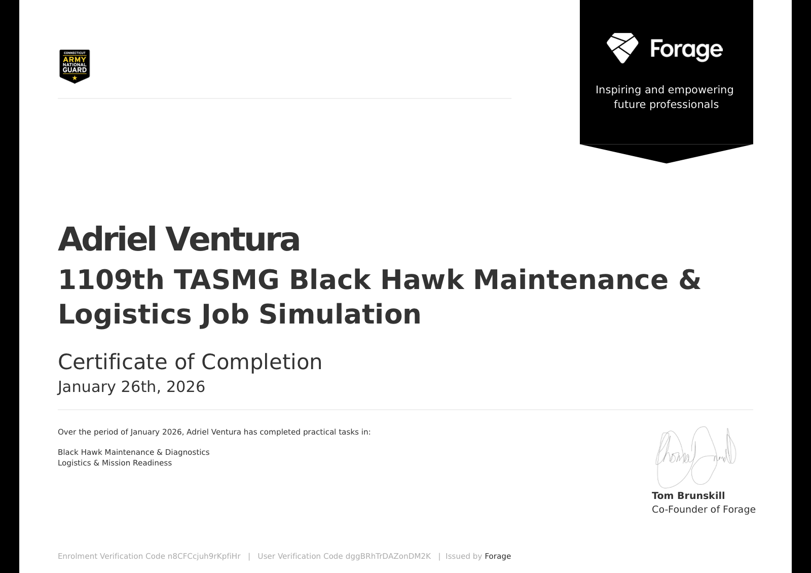 Black Hawk maintenance and logistics job simulation certificate