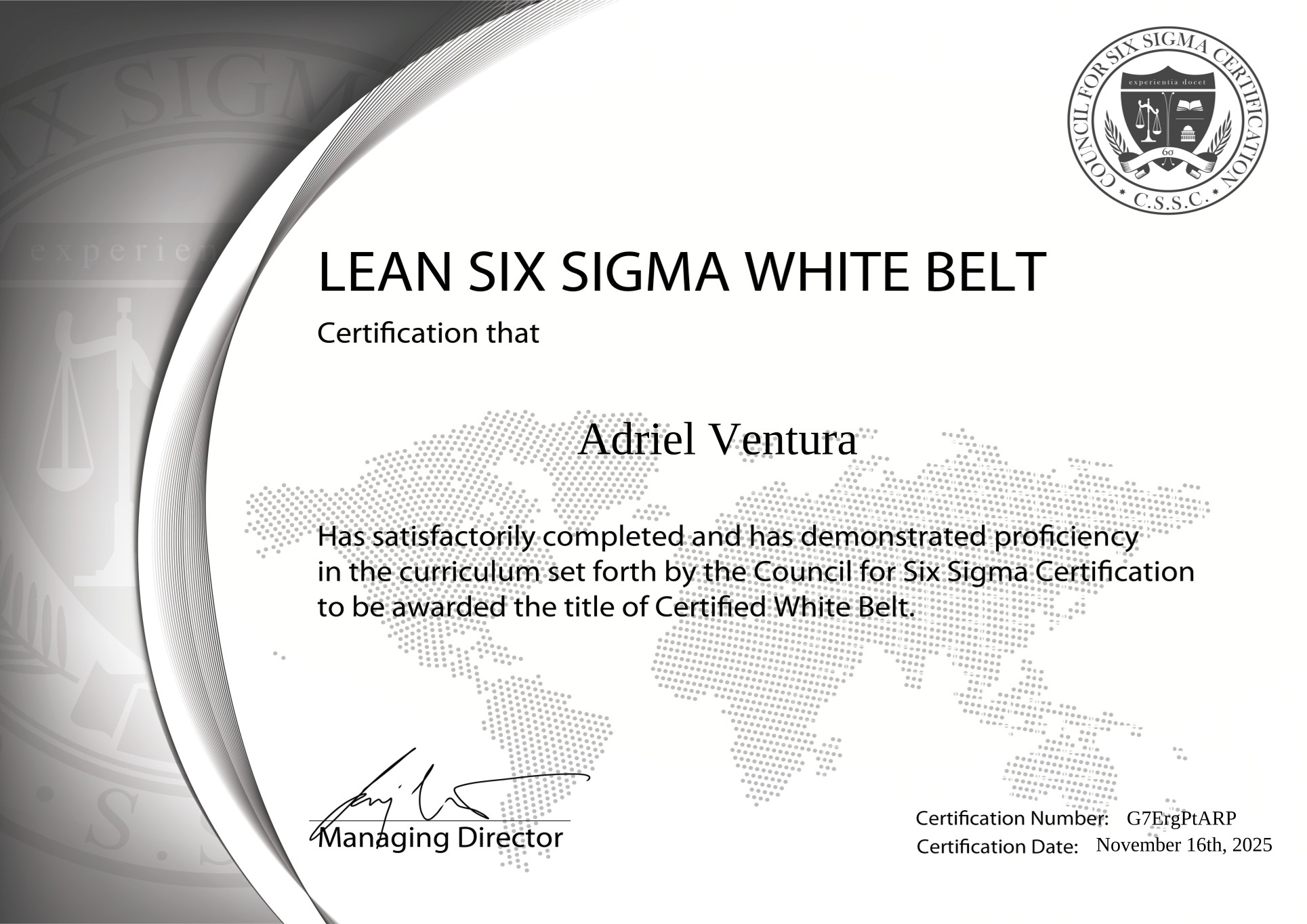Lean Six Sigma White Belt certificate for Adriel Ventura
