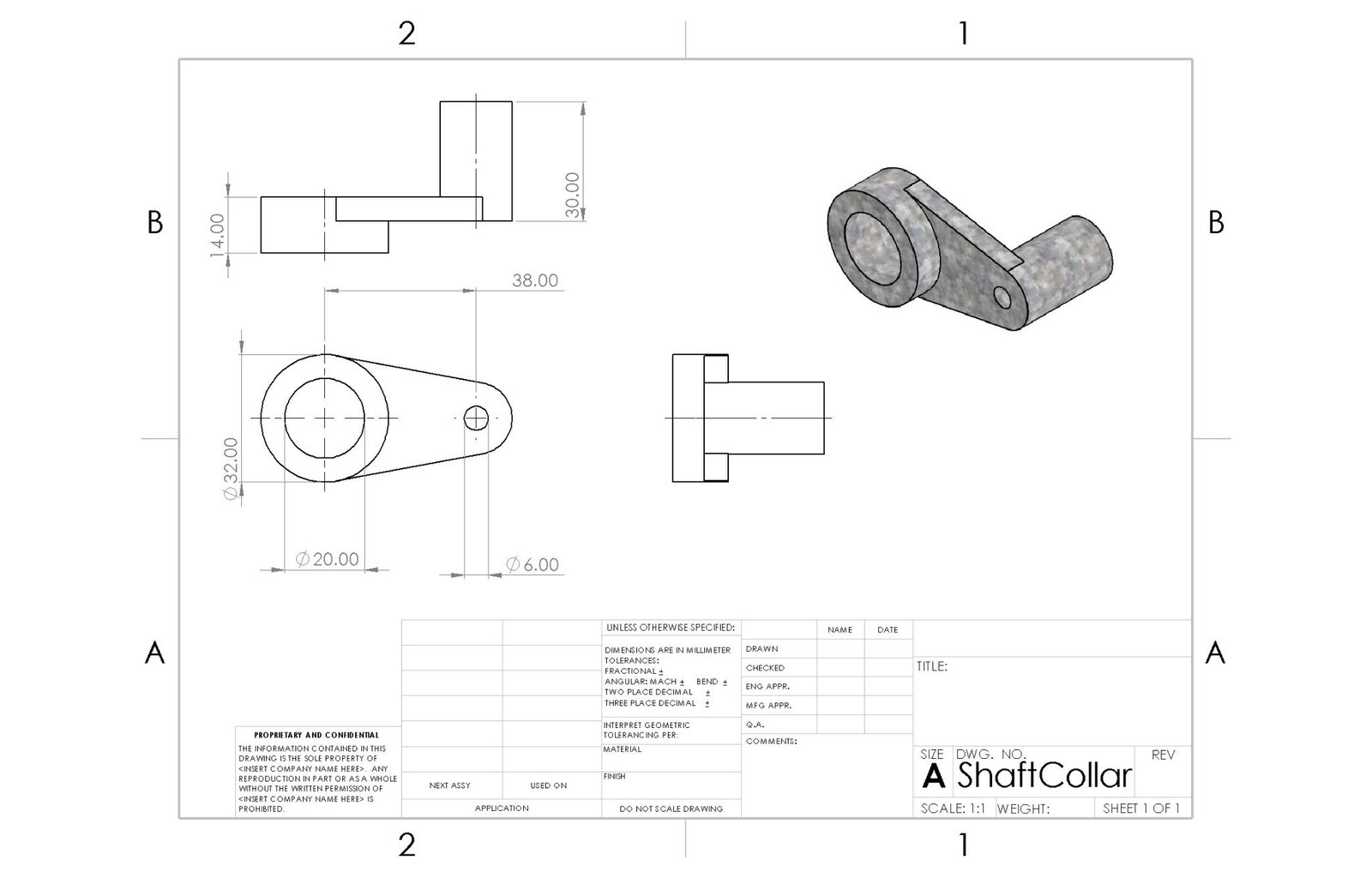 Shaft collar engineering drawing with dimensions and GD&T-style documentation